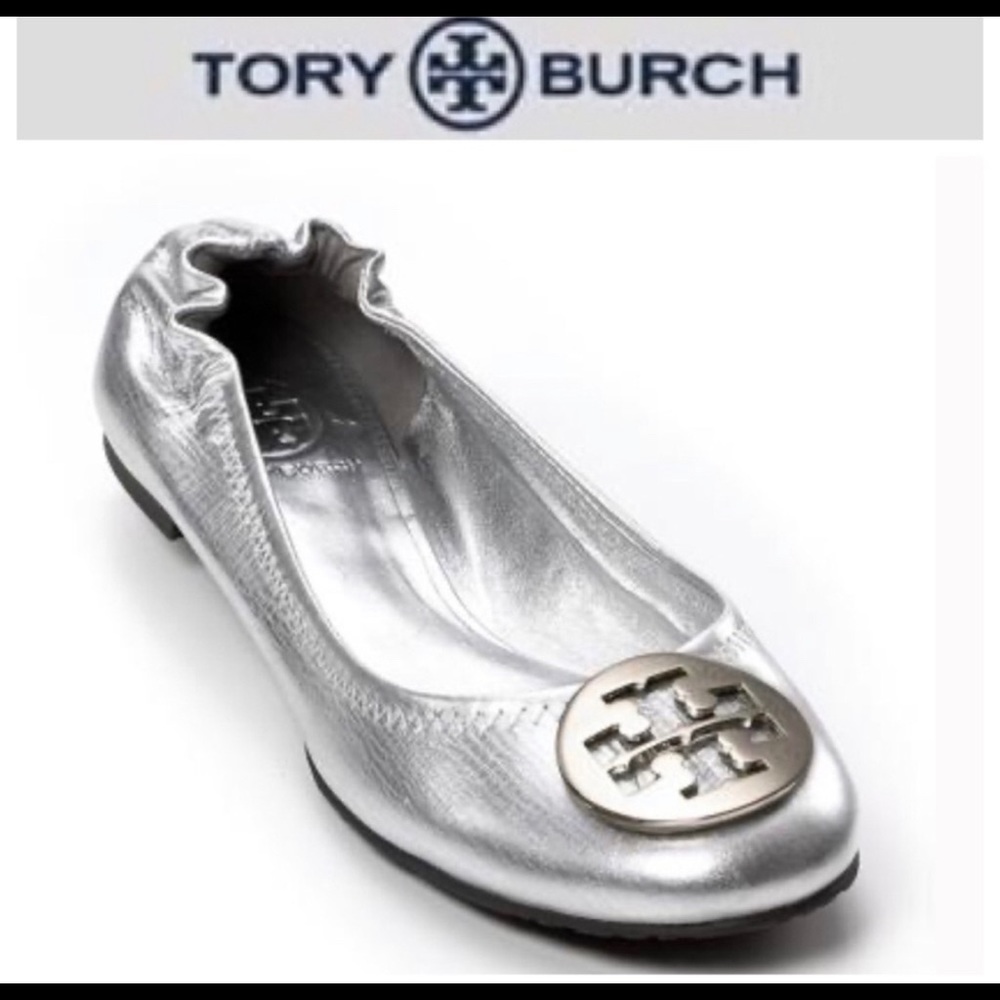 TORY BURCH REVA METALLIC SILVER BALLET FLATS 7.5